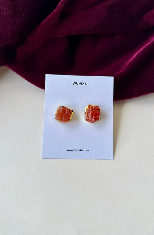 Raw Stone Stud Earrings – Anti-Tarnish Brass Uncut Gemstone Studs in Orange & Green