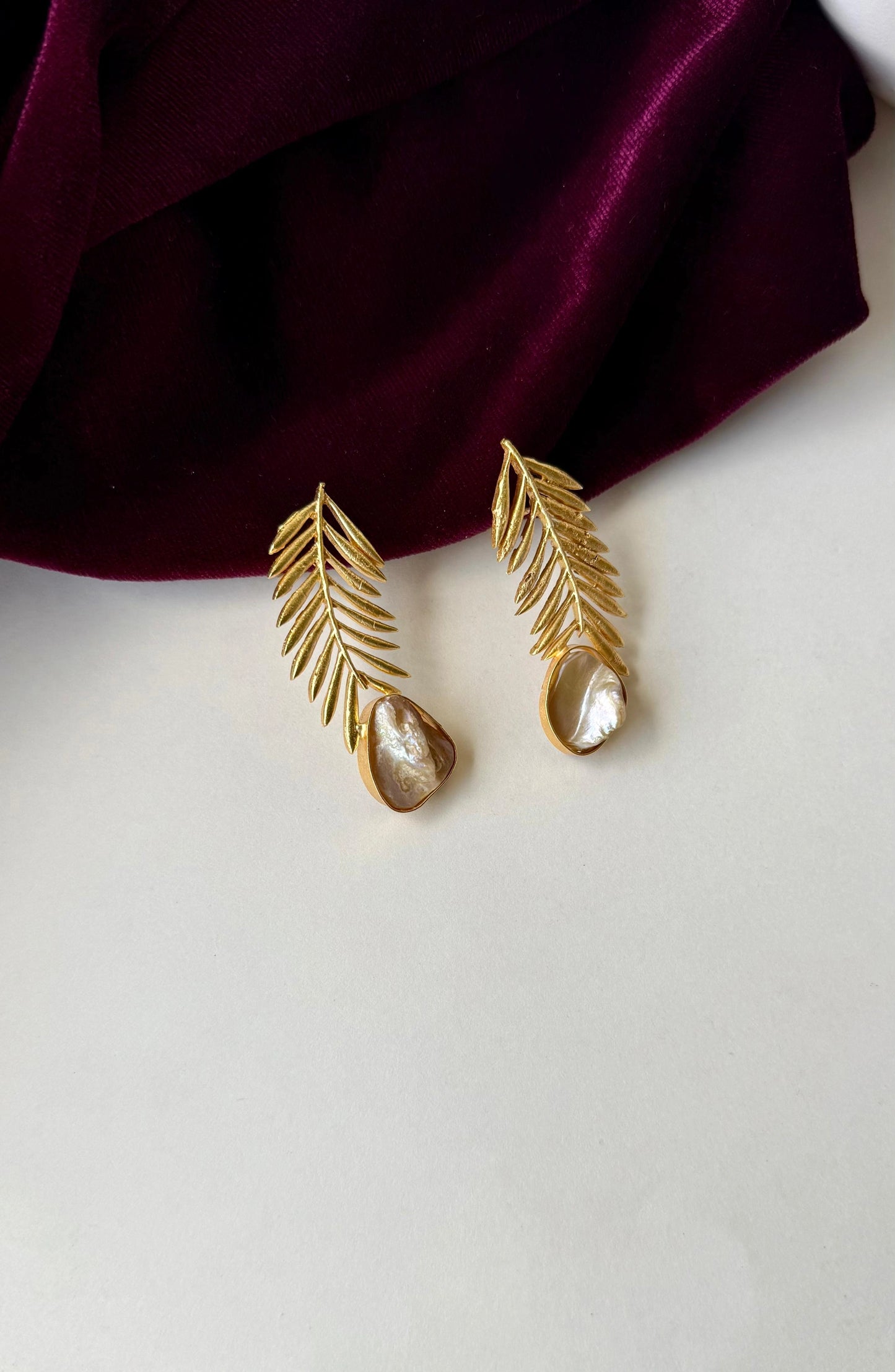 Gold-Plated Brass Leaf Earrings with Baroque Pearl Drop | Anti-Tarnish Botanical Dangle Earrings