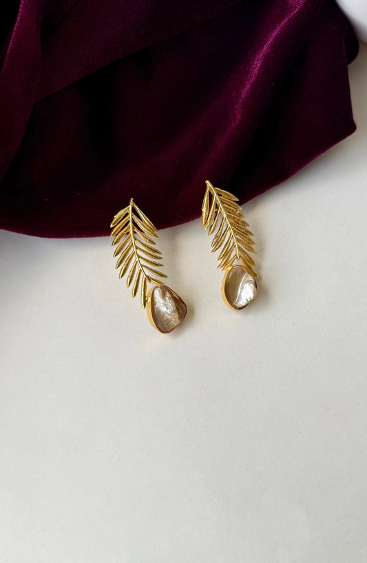 Gold-Plated Brass Leaf Earrings with Baroque Pearl Drop | Anti-Tarnish Botanical Dangle Earrings