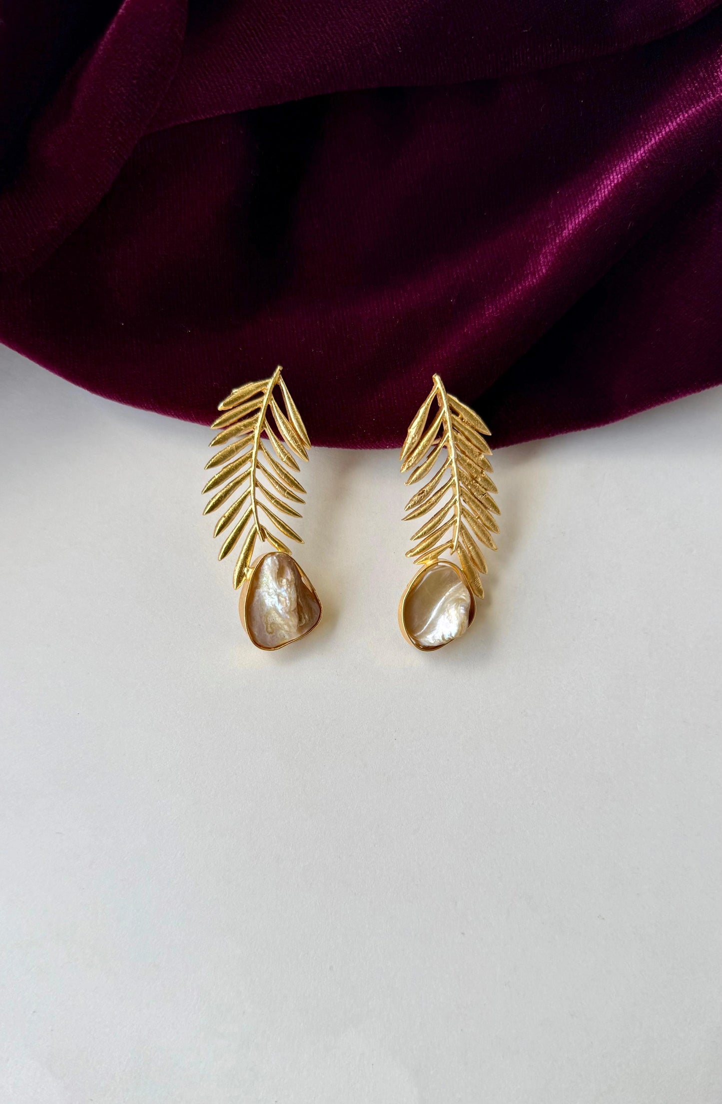 Gold-Plated Brass Leaf Earrings with Baroque Pearl Drop | Anti-Tarnish Botanical Dangle Earrings