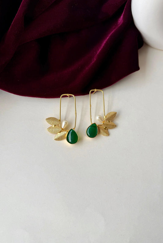 Green Stone & Pearl Leaf Earrings – Anti-Tarnish Gold Brass Dangle Earrings