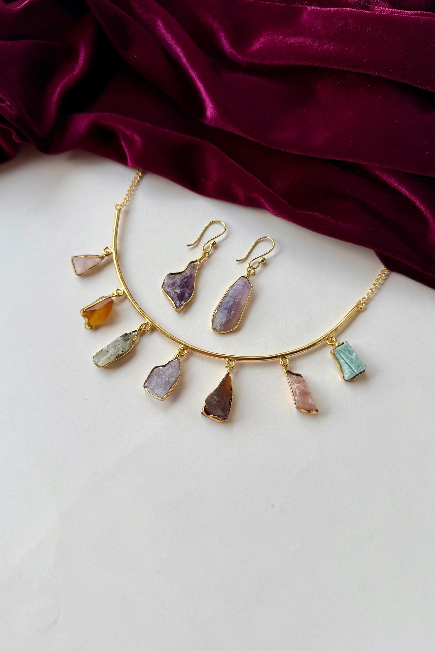 Raw Crystal Necklace & Earrings Set | Anti-Tarnish Brass Jewelry with Multicolor Gemstones