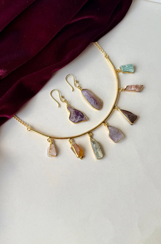 Raw Crystal Necklace & Earrings Set | Anti-Tarnish Brass Jewelry with Multicolor Gemstones