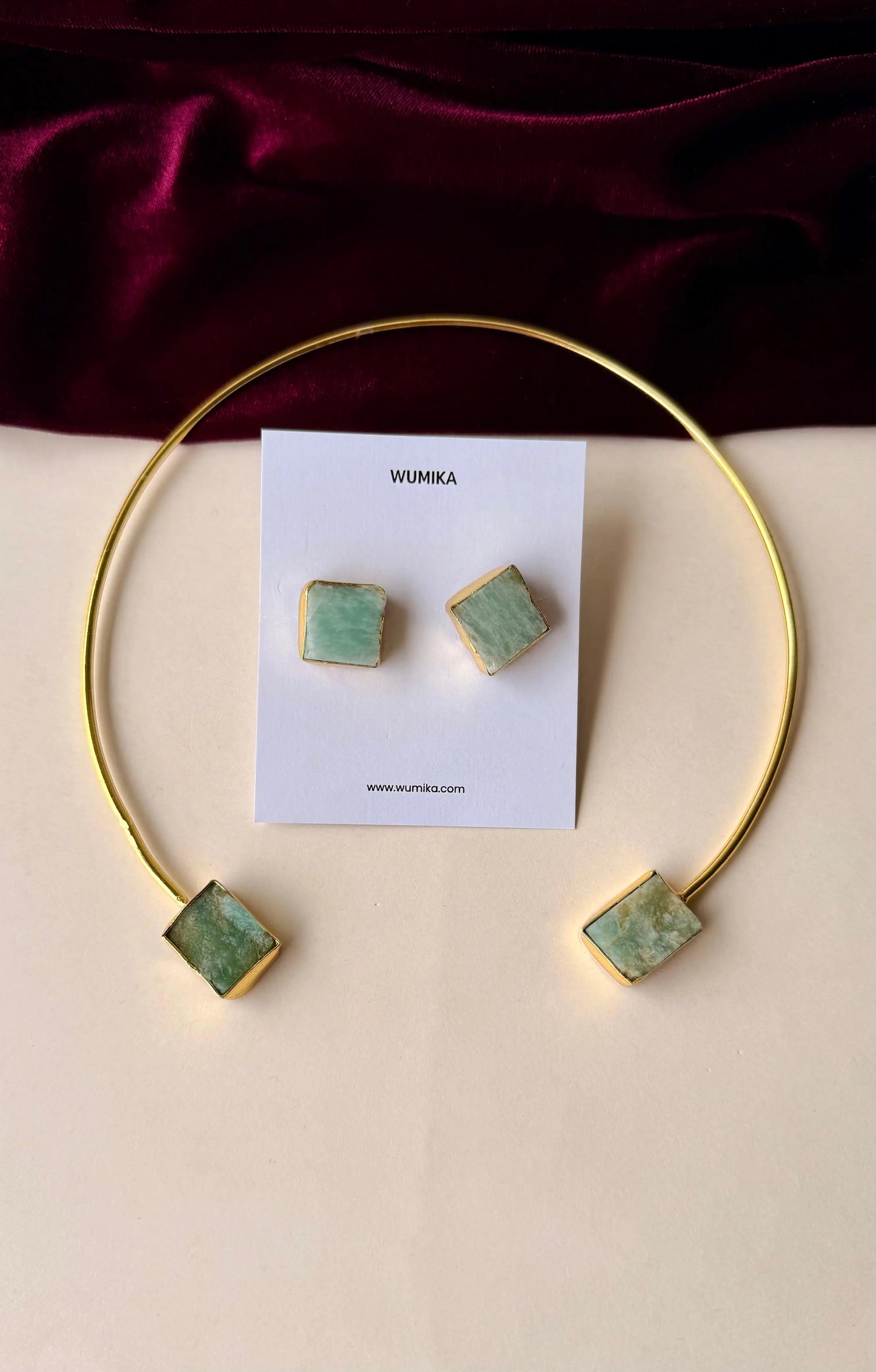 Handcrafted Brass Choker Necklace & Stud Earrings Set with Raw Stone Accents