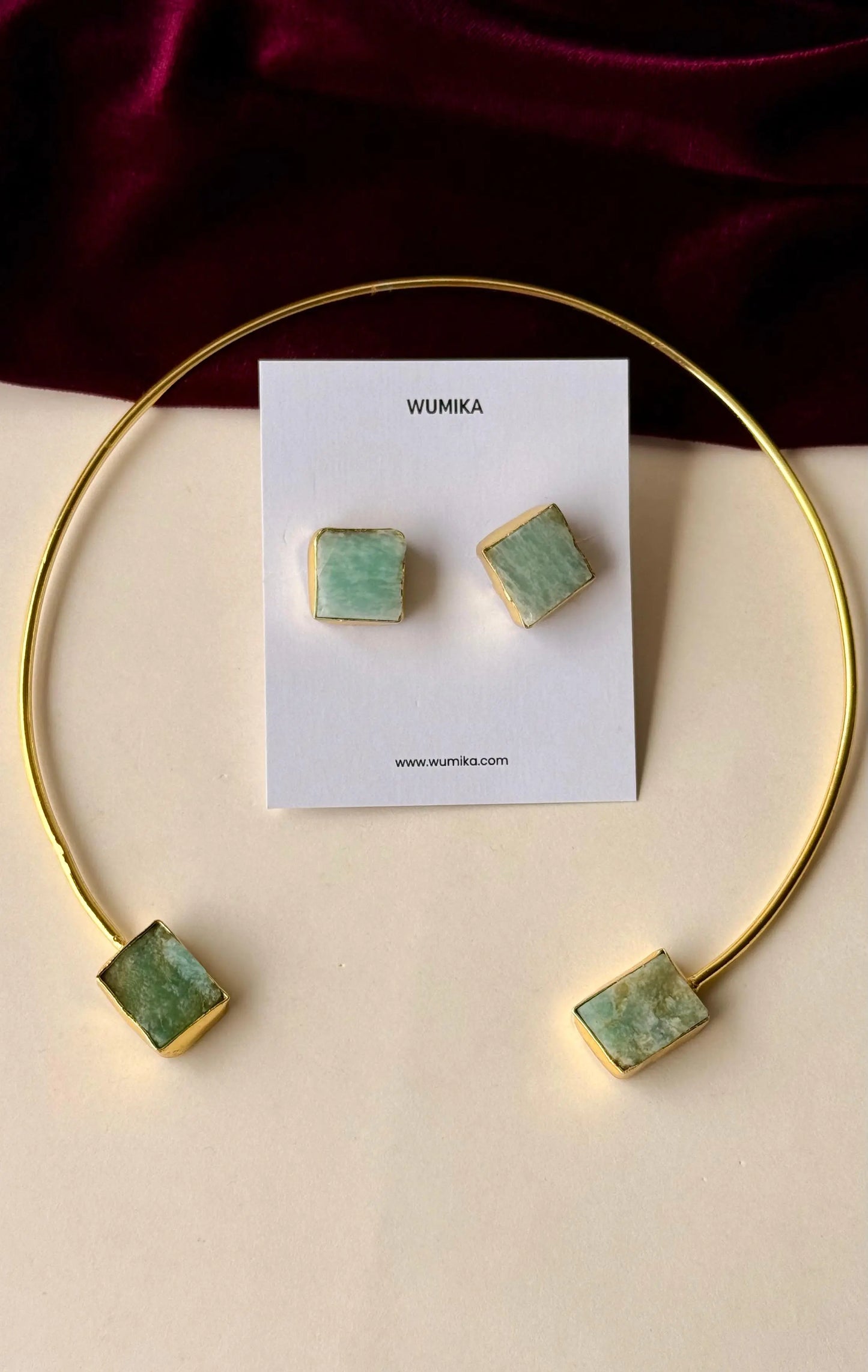 Handcrafted Brass Choker Necklace & Stud Earrings Set with Raw Stone Accents