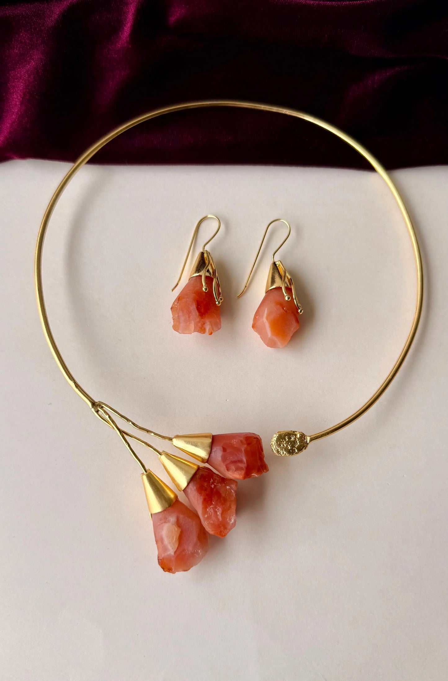 Raw Red Crystal Brass Jewelry Set – Handmade Necklace & Earrings | Boho Statement Set for Women
