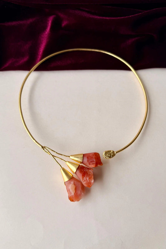 Raw Red Crystal Brass Jewelry Set – Handmade Necklace & Earrings | Boho Statement Set for Women