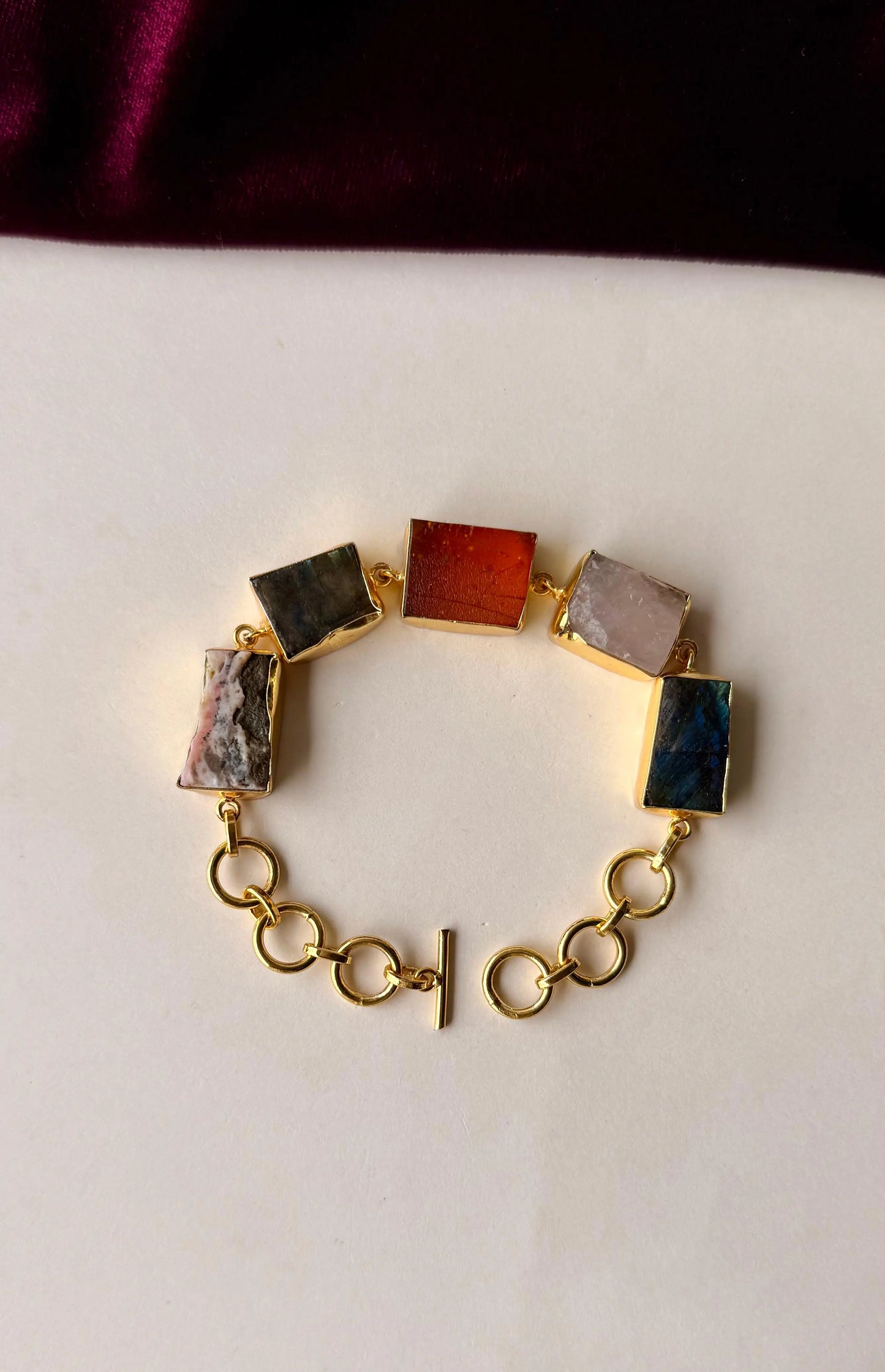 Handcrafted Raw Gemstone Bracelet in Gold-Plated Brass – Boho Statement Jewelry