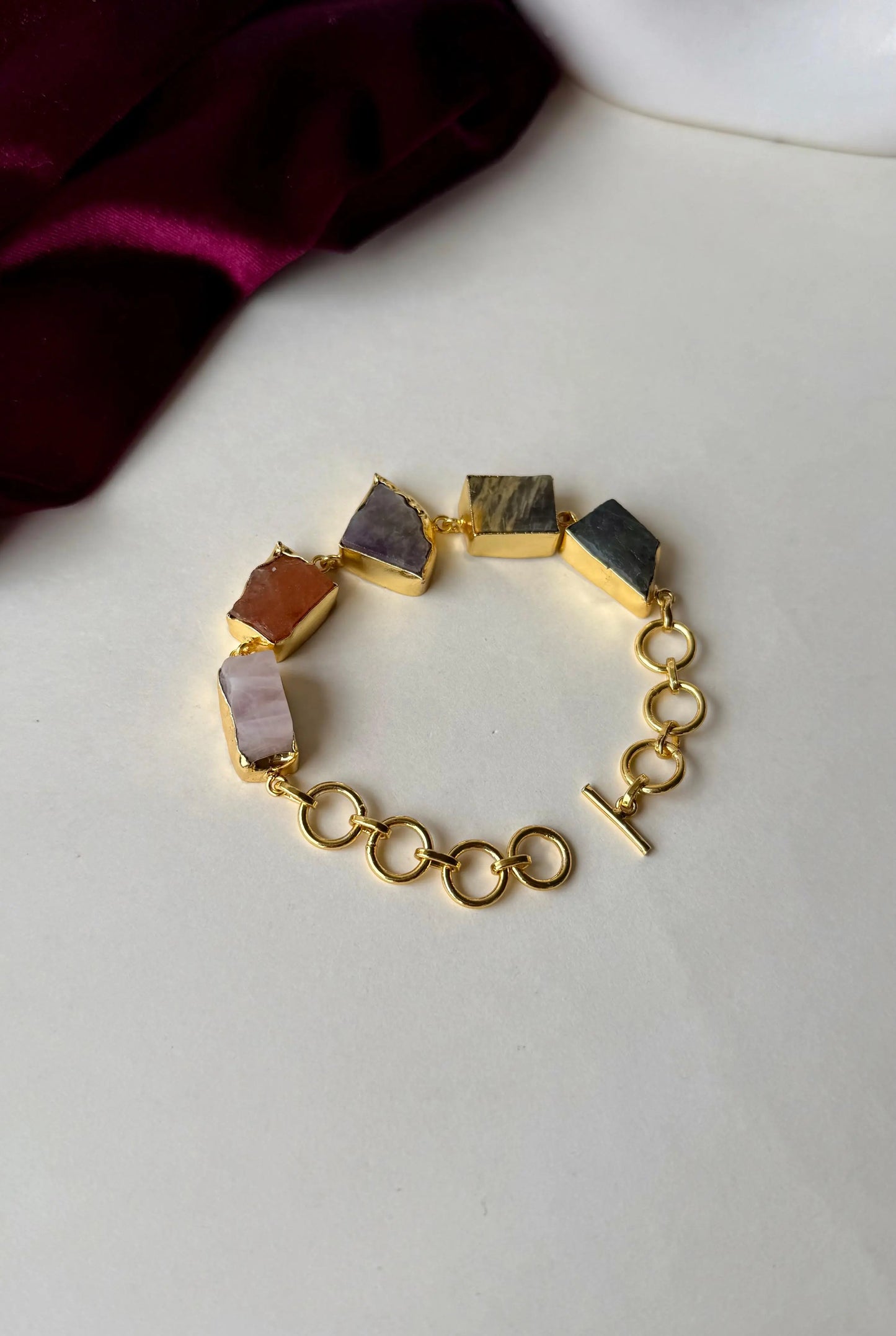 Handcrafted Raw Gemstone Bracelet in Gold-Plated Brass – Boho Statement Jewelry