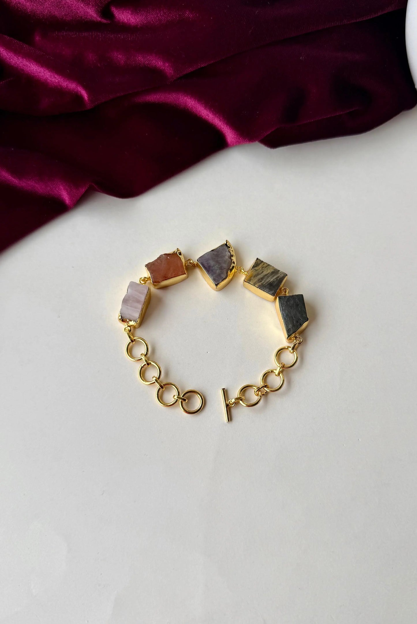 Handcrafted Raw Gemstone Bracelet in Gold-Plated Brass – Boho Statement Jewelry