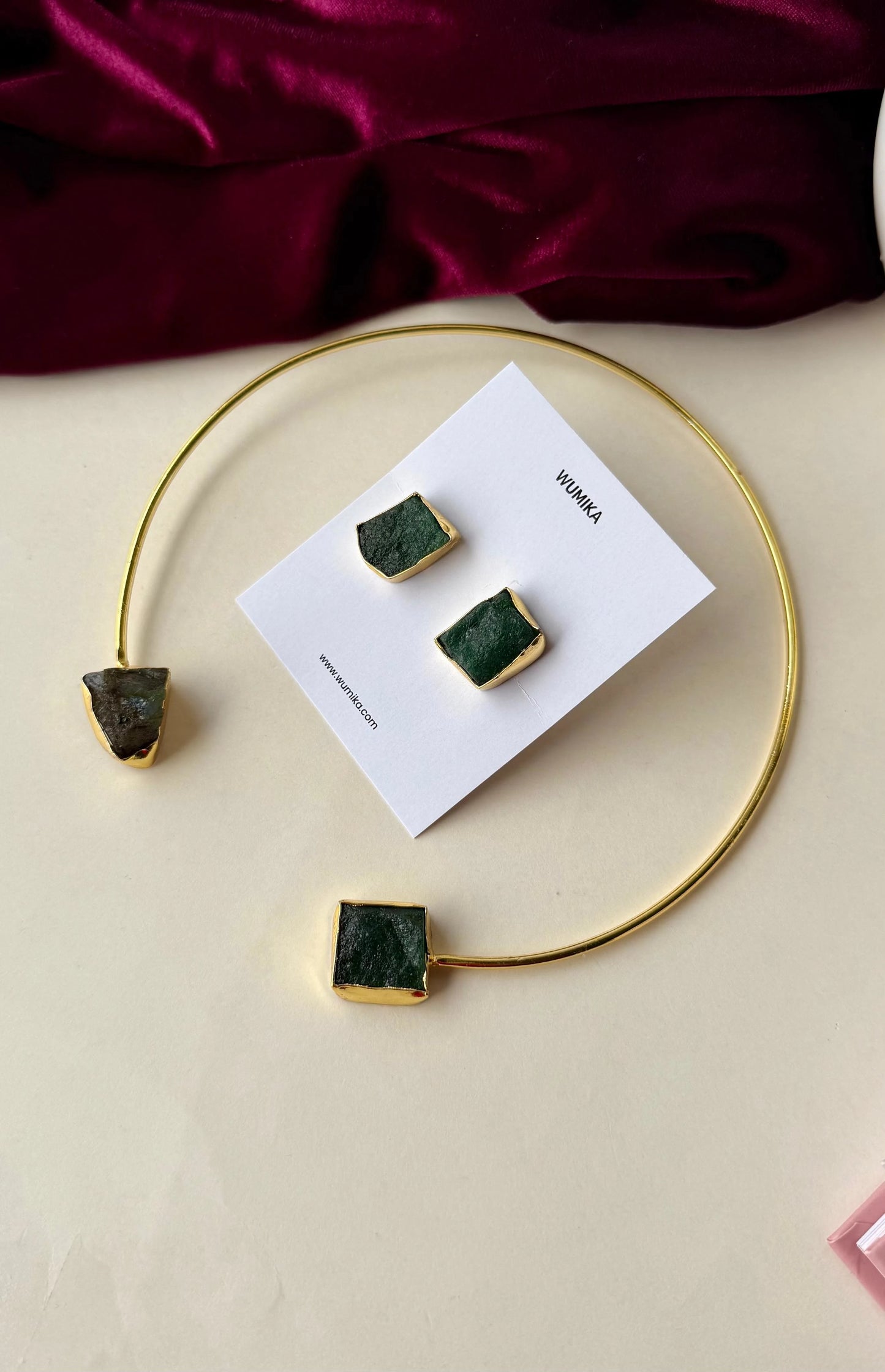 Handcrafted Brass Choker Necklace & Stud Earrings Set with Raw Stone Accents