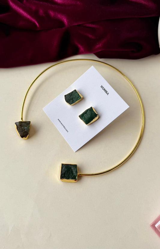 Handcrafted Brass Choker Necklace & Stud Earrings Set with Raw Stone Accents