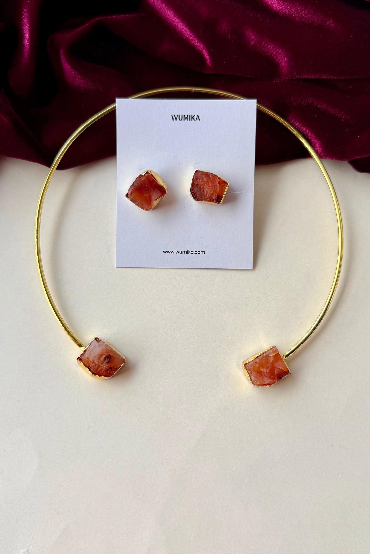 Handcrafted Brass Choker Necklace & Stud Earrings Set with Raw Stone Accents