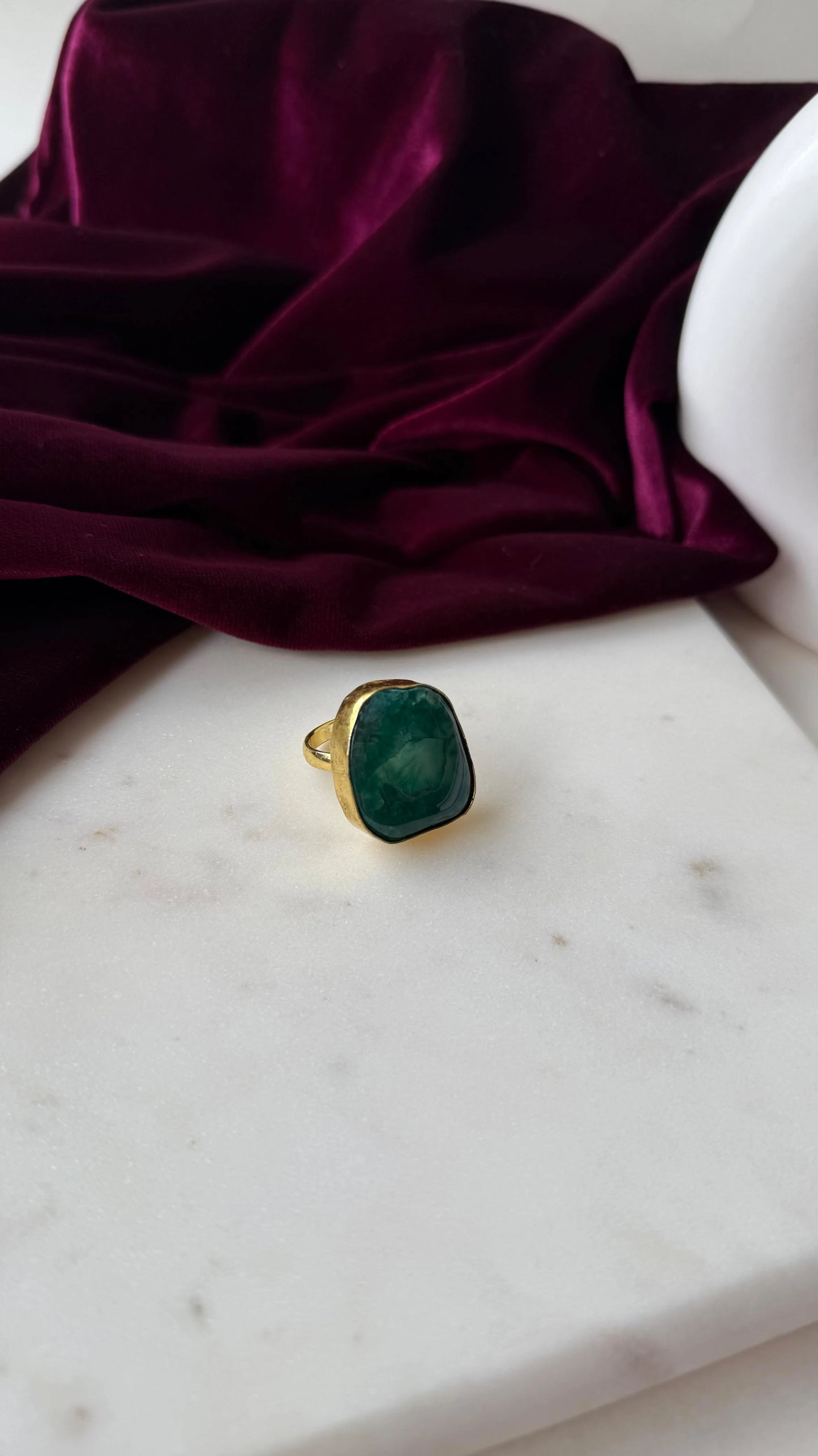 Natural Agate Statement Brass Ring – Handcrafted Adjustable Gemstone Jewelry