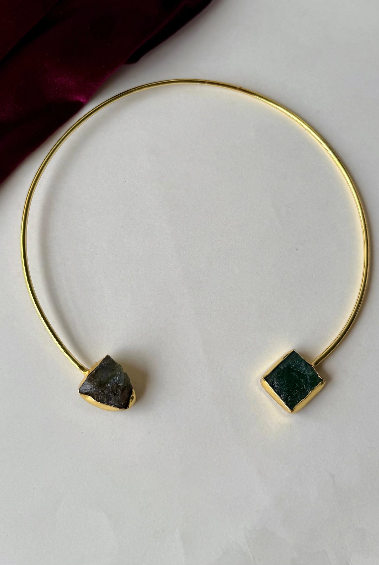 Handcrafted Brass Choker Necklace & Stud Earrings Set with Raw Stone Accents
