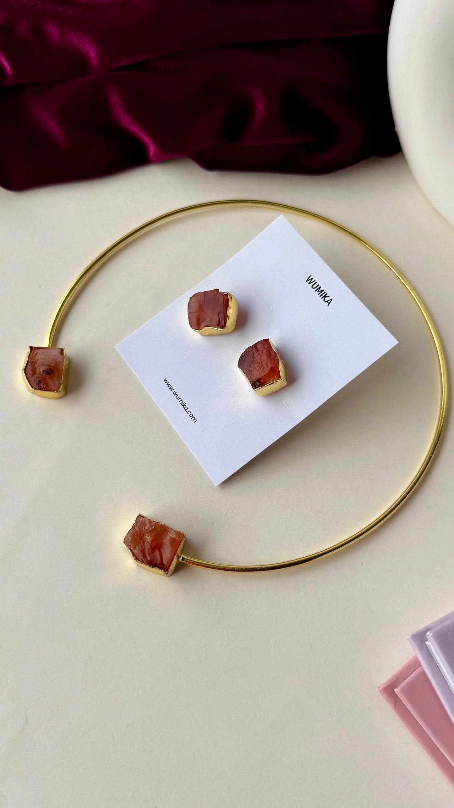 Handcrafted Brass Choker Necklace & Stud Earrings Set with Raw Stone Accents