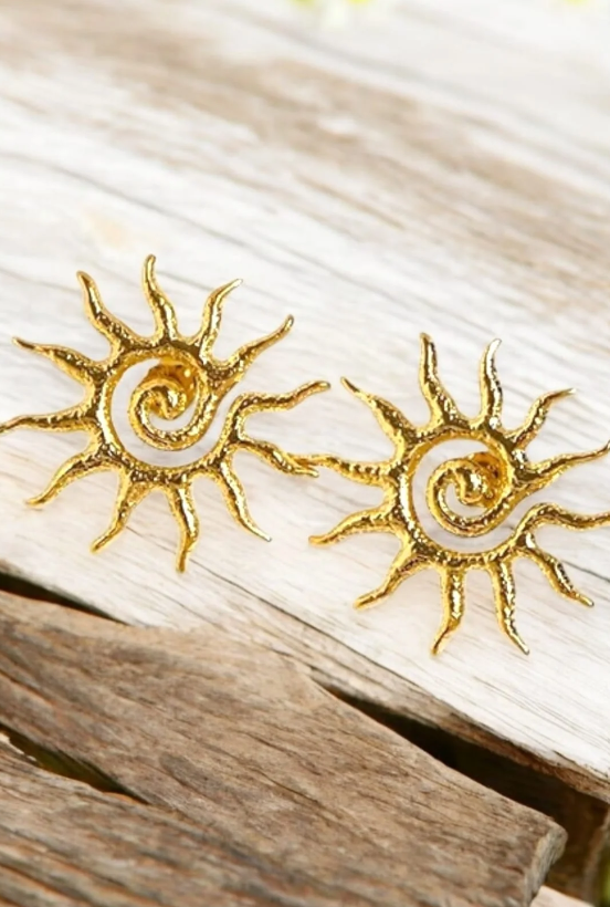 Anti-Tarnish Gold Sunburst Spiral Earrings – Boho Statement Jewelry