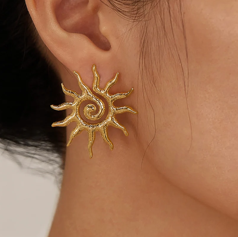Anti-Tarnish Gold Sunburst Spiral Earrings – Boho Statement Jewelry