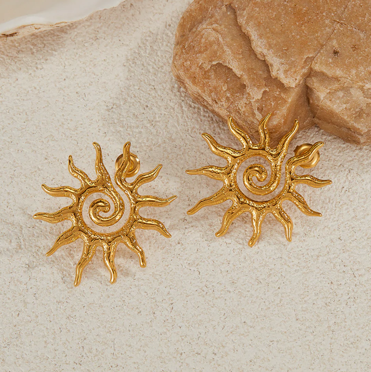 Anti-Tarnish Gold Sunburst Spiral Earrings – Boho Statement Jewelry