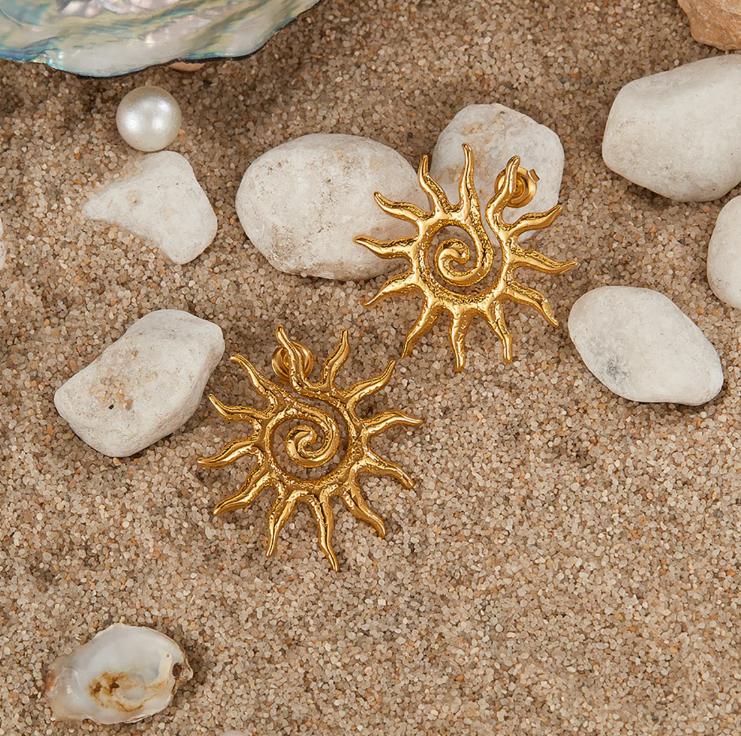 Anti-Tarnish Gold Sunburst Spiral Earrings – Boho Statement Jewelry