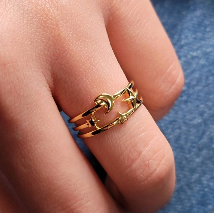 Anti-Tarnish Celestial Gold Ring – Adjustable Moon & Stars Design