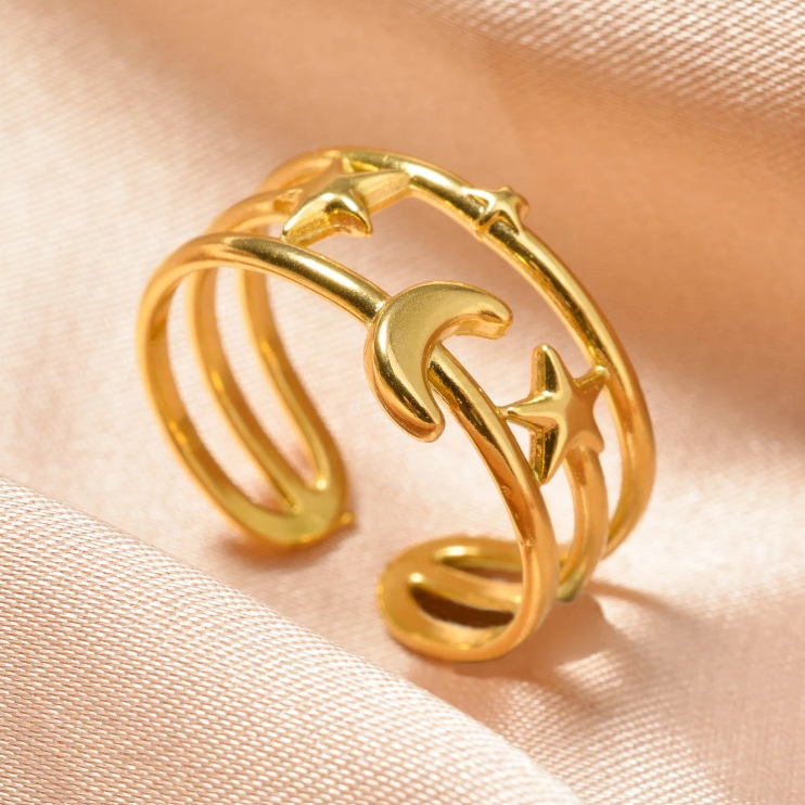 Anti-Tarnish Celestial Gold Ring – Adjustable Moon & Stars Design