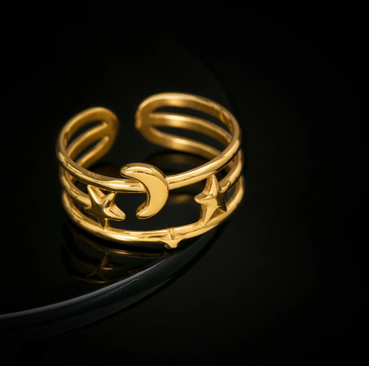 Anti-Tarnish Celestial Gold Ring – Adjustable Moon & Stars Design