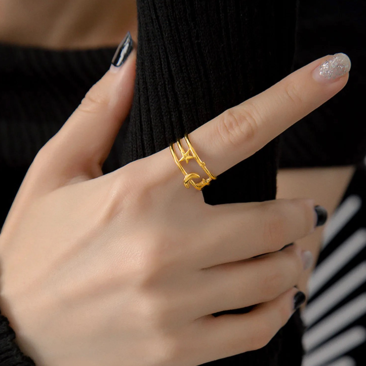 Anti-Tarnish Celestial Gold Ring – Adjustable Moon & Stars Design