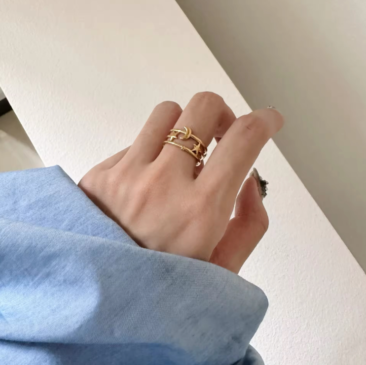 Anti-Tarnish Celestial Gold Ring – Adjustable Moon & Stars Design