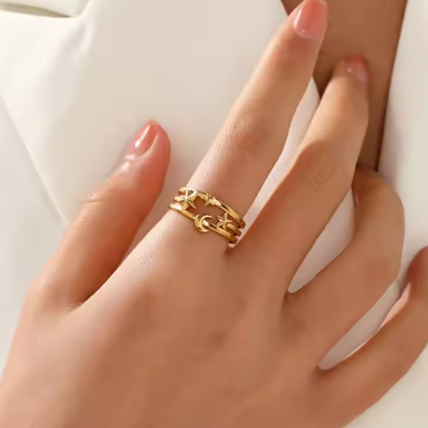 Anti-Tarnish Celestial Gold Ring – Adjustable Moon & Stars Design