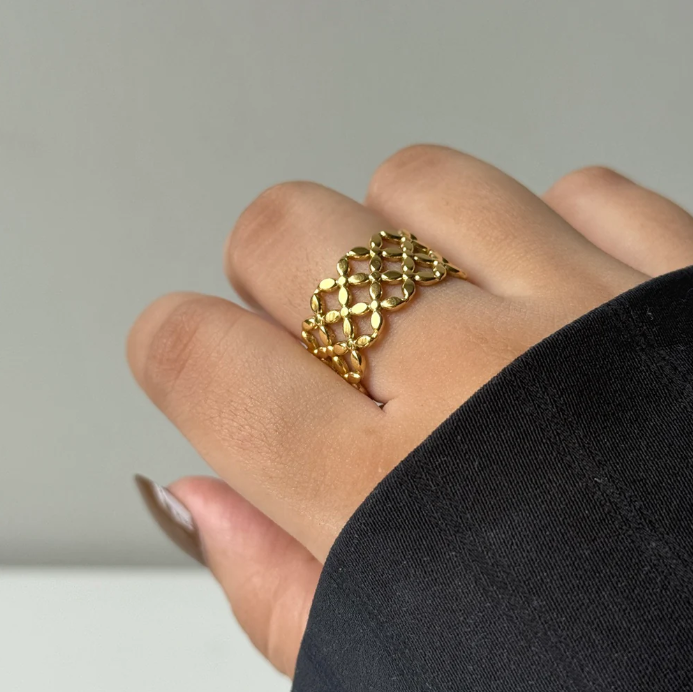 Anti-Tarnish Gold Lattice Statement Ring – Adjustable Openwork Design