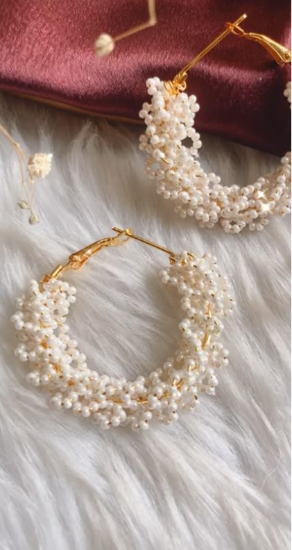 Handcrafted Pearl Cluster Hoop Earrings – Elegant Gold-Plated Statement Hoops