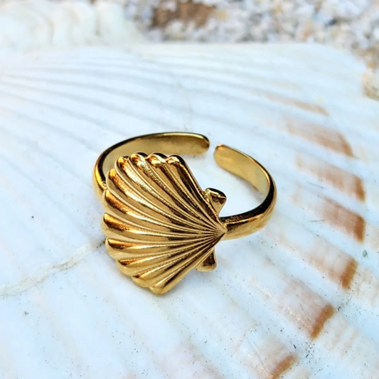 Adjustable Gold Seashell Ring – Anti-Tarnish Stainless Steel Beach Ring