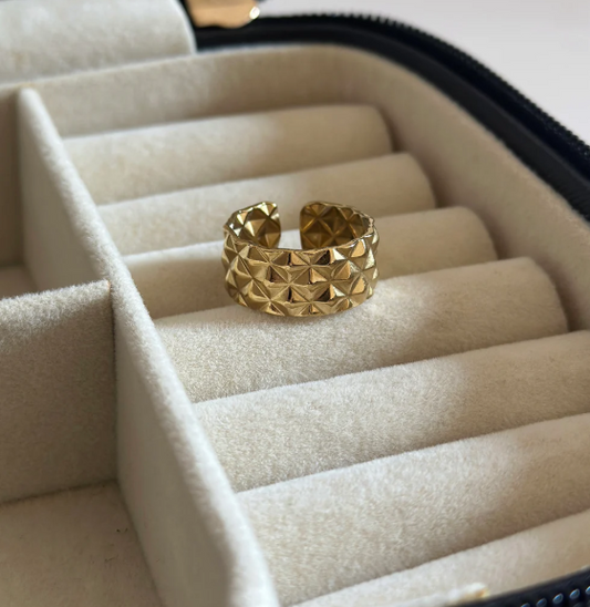 Gold Plated Pyramid Textured Ring | Stainless Steel Adjustable Anti-Tarnish Statement Band