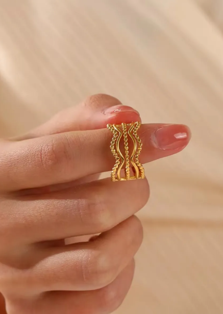 Gold Plated Stainless Steel Beaded Wavy Ring | Adjustable Ring