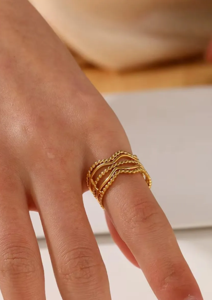 Gold Plated Stainless Steel Beaded Wavy Ring | Adjustable Ring