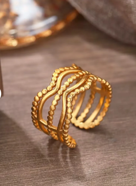 Gold Plated Stainless Steel Beaded Wavy Ring | Adjustable Ring