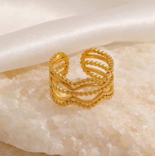 Gold Plated Stainless Steel Beaded Wavy Ring | Adjustable Ring