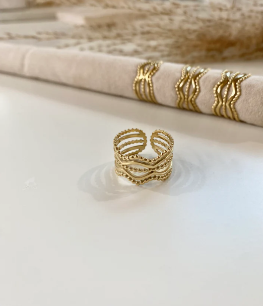 Gold Plated Stainless Steel Beaded Wavy Ring | Adjustable Ring