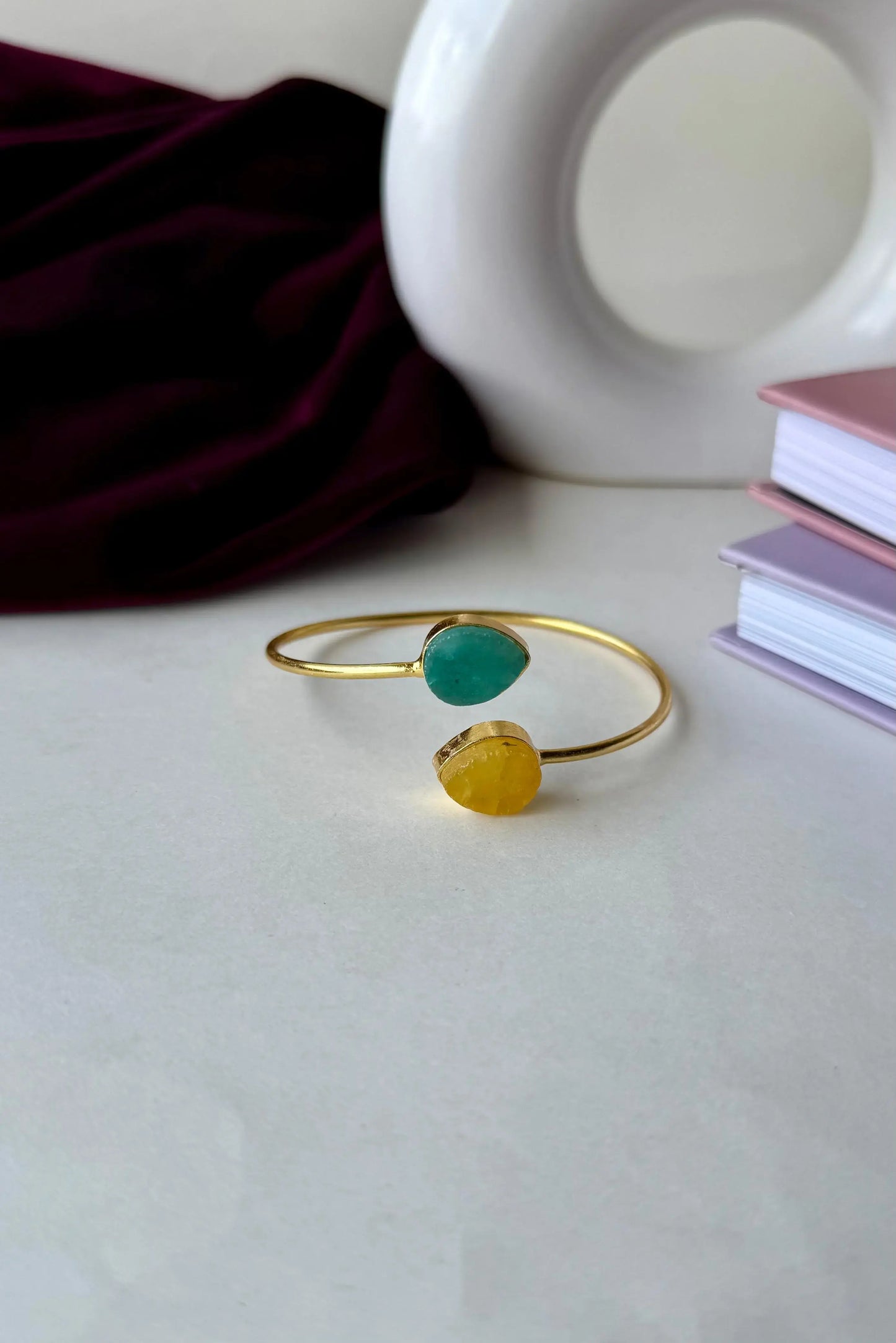Handcrafted Raw Stone Brass Bangles – Anti-Tarnish Gold Plated Cuff Bracelet