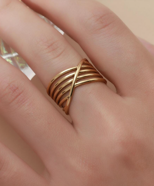 Gold Plated Stainless Steel Multi-Band Crossover Ring | Adjustable