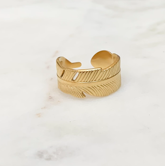 Gold Plated Stainless Steel Feather Ring | Adjustable Anti-Tarnish Statement Ring
