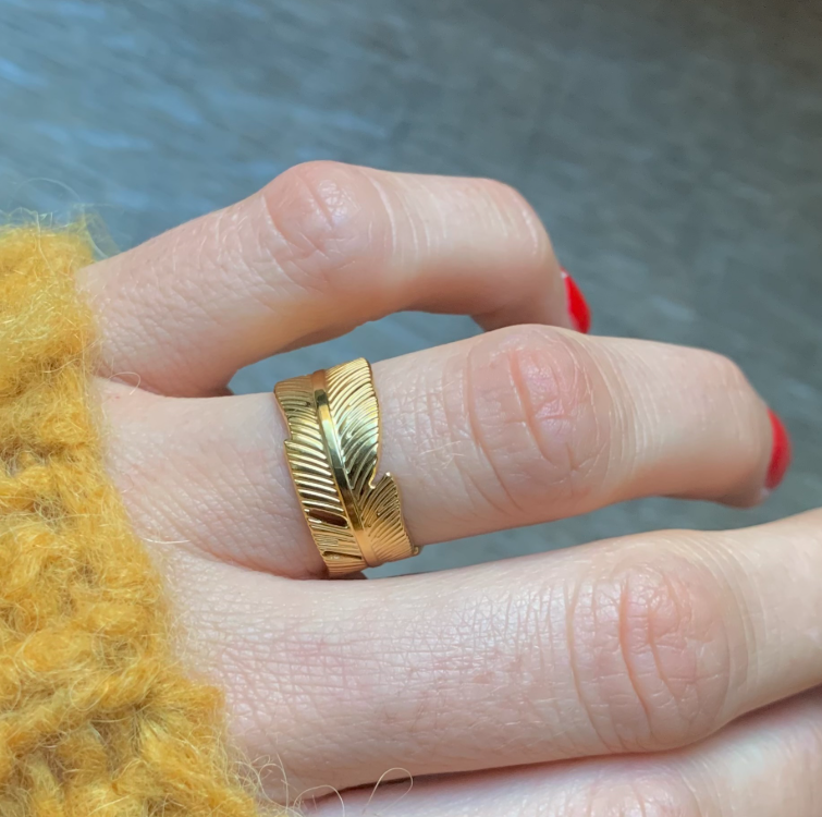 Gold Plated Stainless Steel Feather Ring | Adjustable Anti-Tarnish Statement Ring