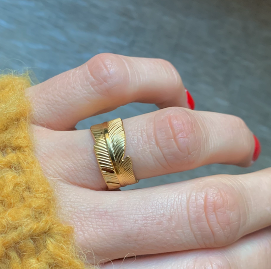 Gold Plated Stainless Steel Feather Ring | Adjustable Anti-Tarnish Statement Ring