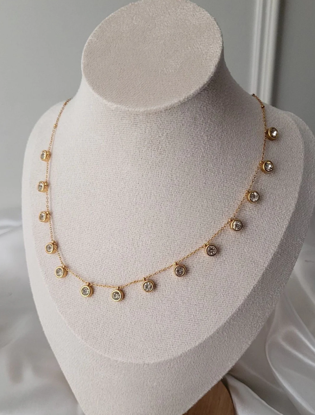 Dainty Gold Charm Necklace with Crystal Drops | Minimal Everyday Necklace