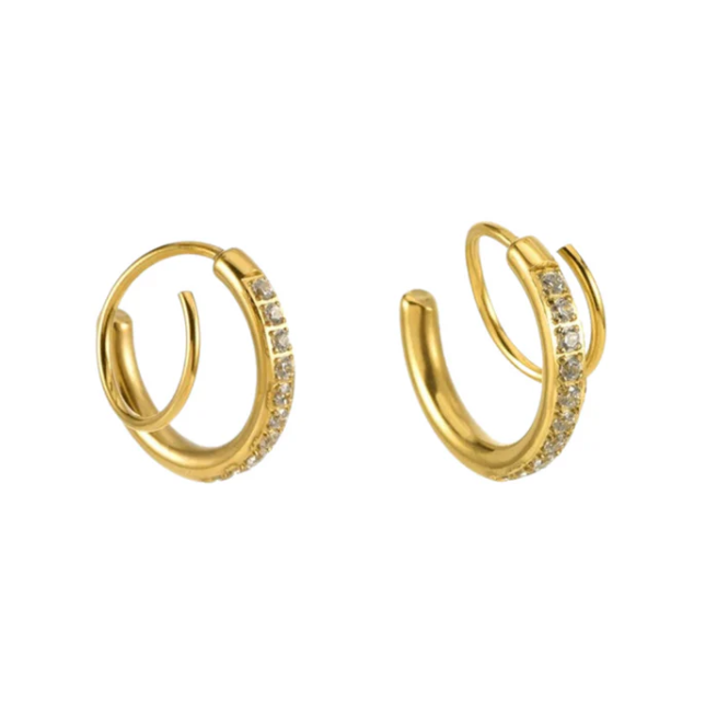 Gold Double Hoop Earrings with Crystal Detail | Trendy Minimal Hoops