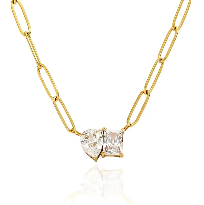 Gold Paperclip Chain Necklace with Dual Gemstone Pendant | Anti-Tarnish Stainless Steel | Elegant Statement Jewelry