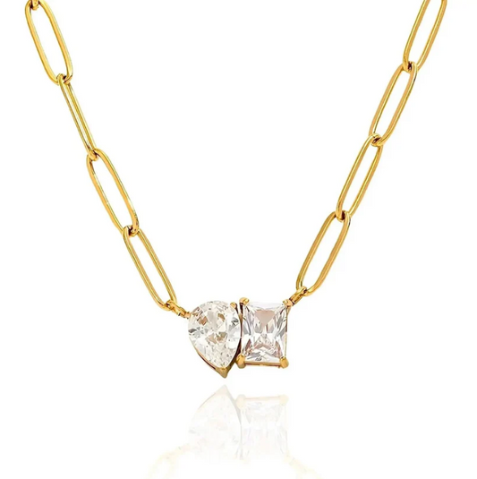 Gold Paperclip Chain Necklace with Dual Gemstone Pendant | Anti-Tarnish Stainless Steel | Elegant Statement Jewelry