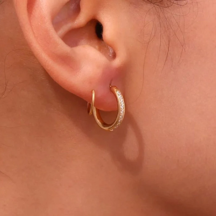 Gold Double Hoop Earrings with Crystal Detail | Trendy Minimal Hoops