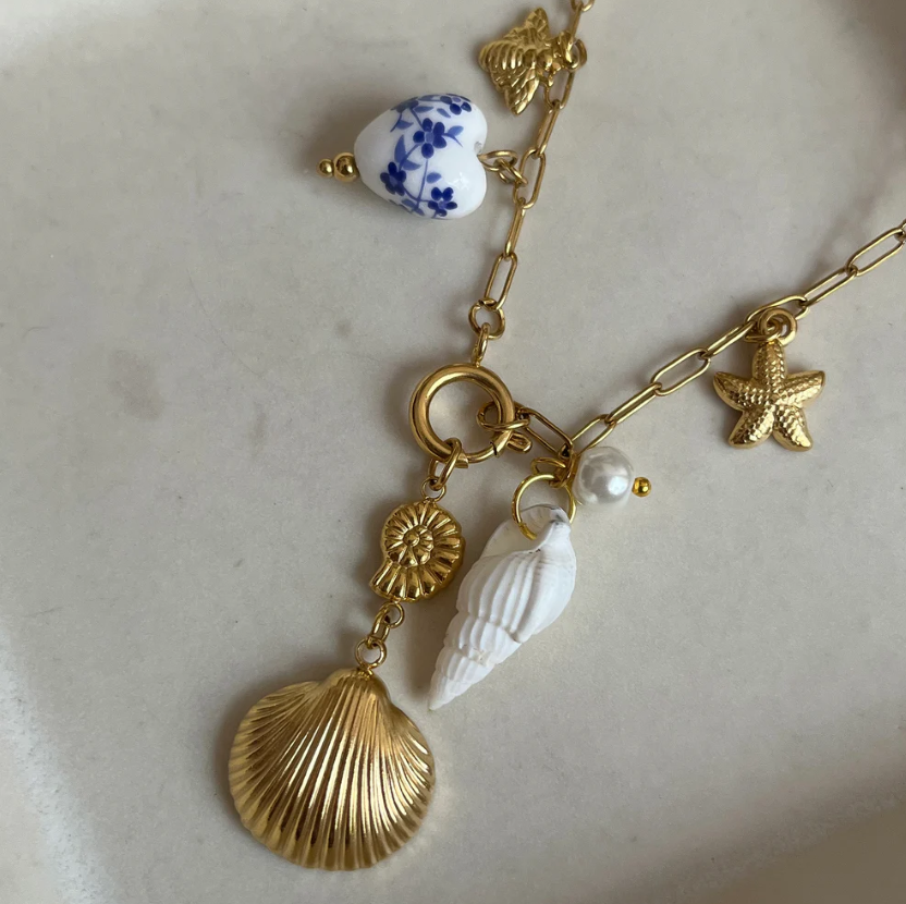 Coastal Charm Gold-Plated Necklace with Shell & Heart Pendants